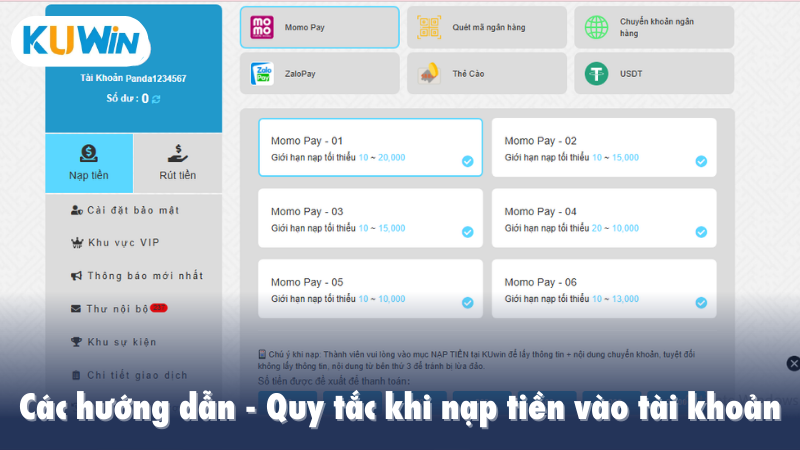Các hướng dẫn, quy tắc khi nạp tiền vào tài khoản